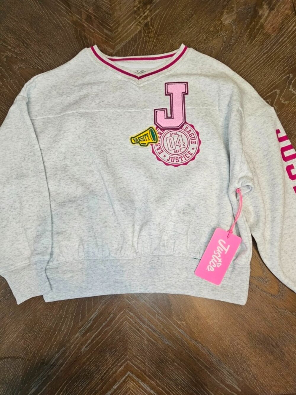 New With Tags Justice Varsity League V-Neck Sweatshirt - Grey / Pink Small